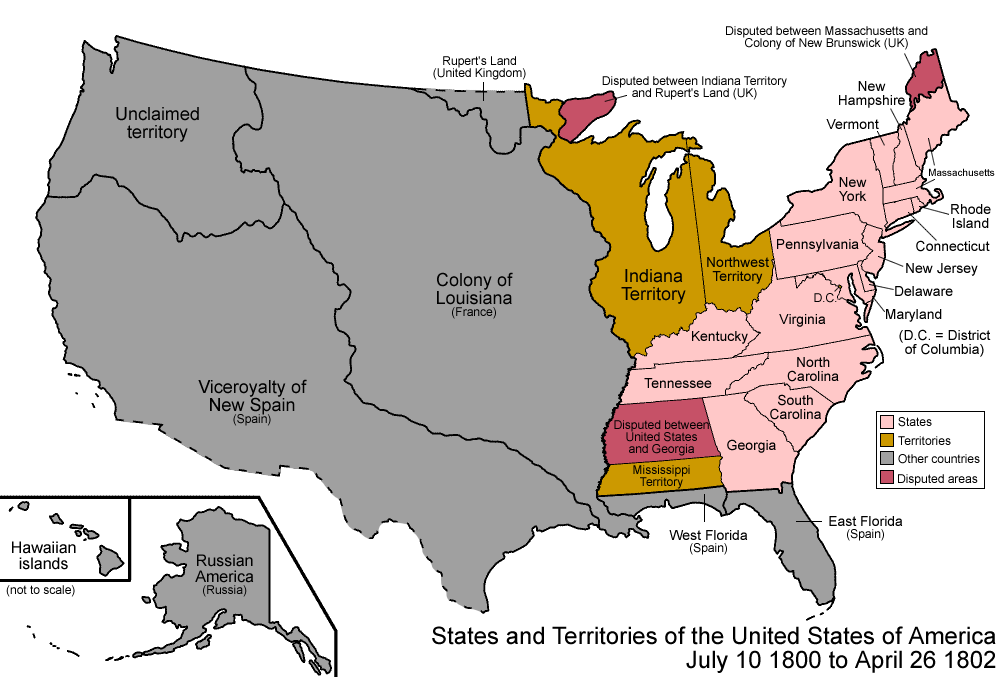 Old USA map 1800 showing 17 states