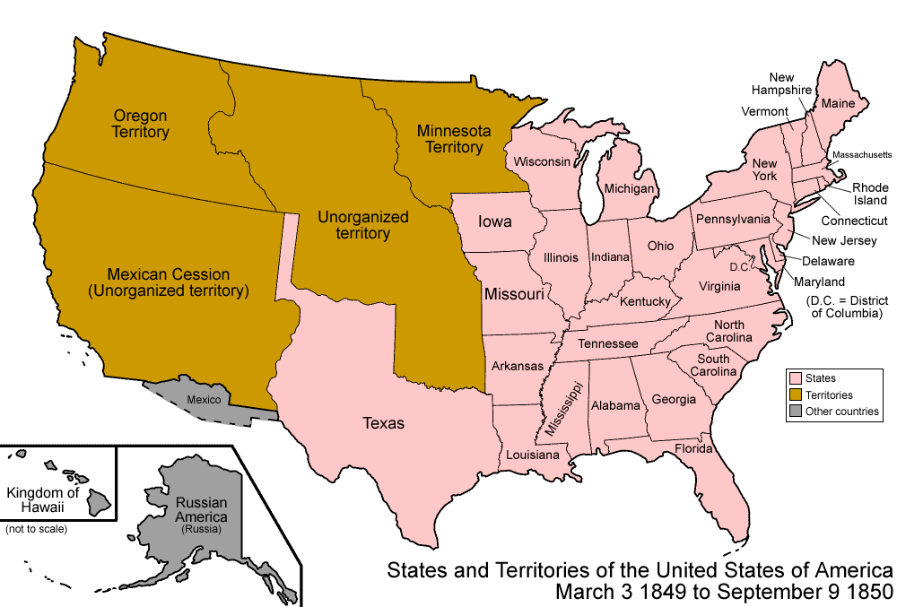 USA map 1850 territorial expansion
